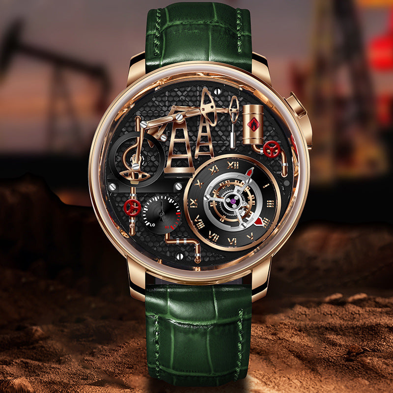 Mens Watch With Oil Pump Movement Stainless Steel Case And Leather Strap