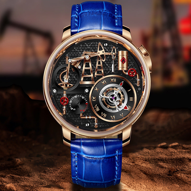 Mens Watch With Oil Pump Movement Stainless Steel Case And Leather Strap