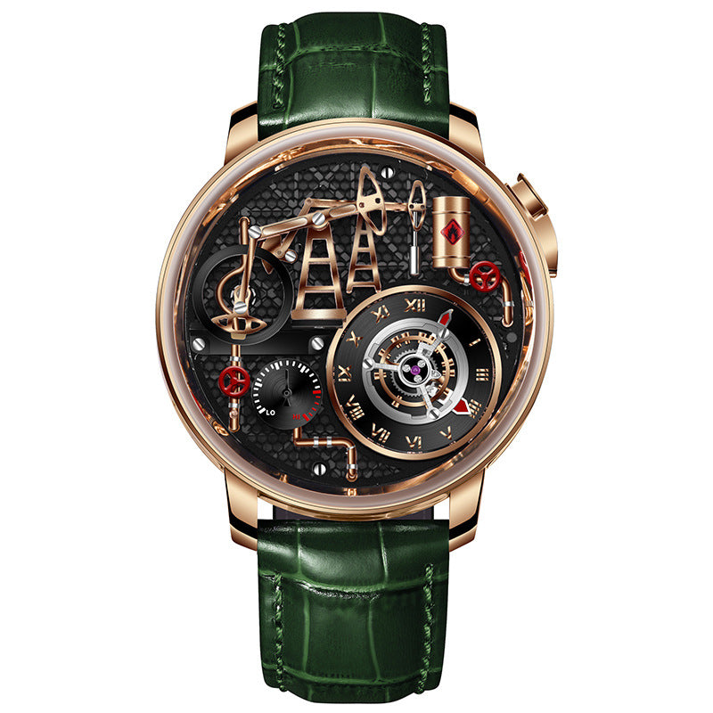 Mens Watch With Oil Pump Movement Stainless Steel Case And Leather Strap
