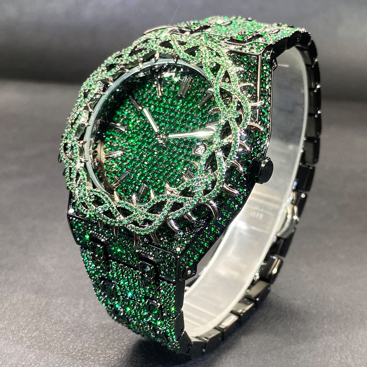 Hip-Hop Mens Watch With Green Full-Covering Zircon Inlays
