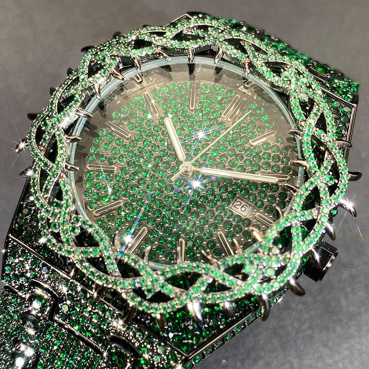 Hip-Hop Mens Watch With Green Full-Covering Zircon Inlays