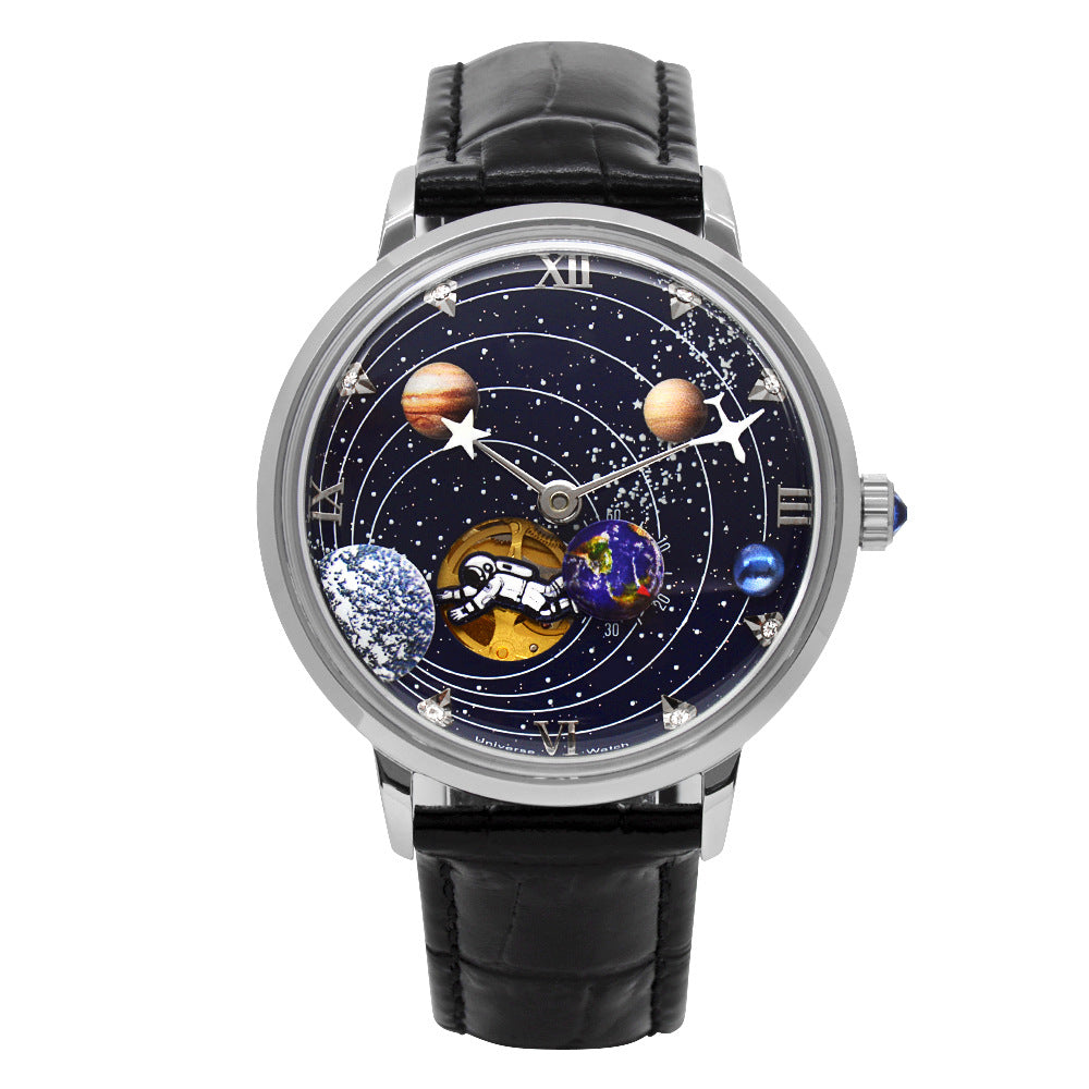 Mens Mechanical Watch With A Hollowed-out Design And Leather Strap