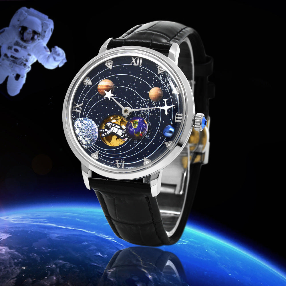 Mens Mechanical Watch With A Hollowed-out Design And Leather Strap
