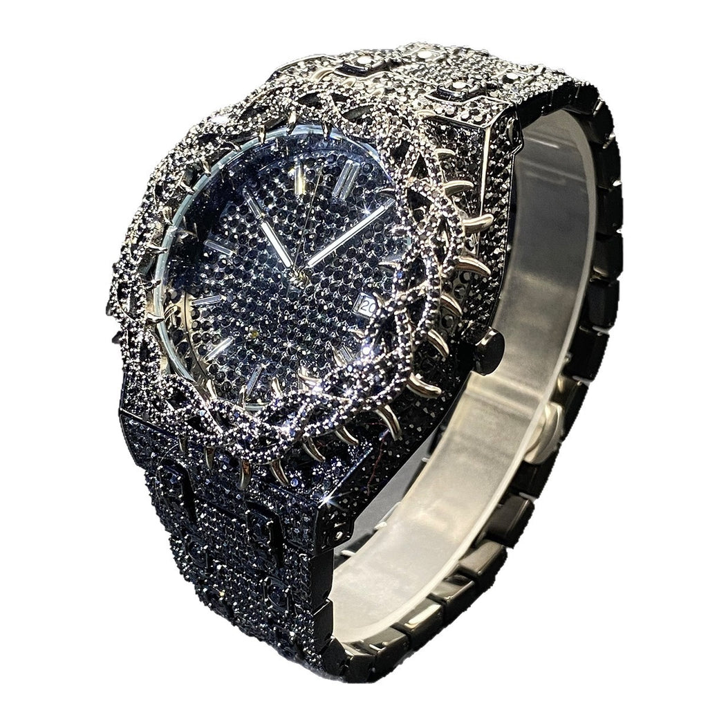 Hip-Hop Mens Watch With Green Full-Covering Zircon Inlays