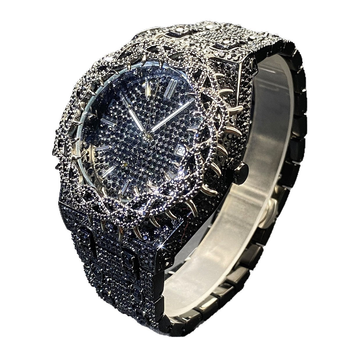 Hip-Hop Mens Watch With Green Full-Covering Zircon Inlays