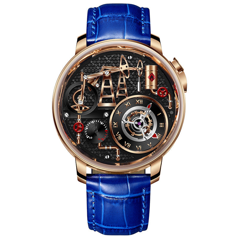 Mens Watch With Oil Pump Movement Stainless Steel Case And Leather Strap