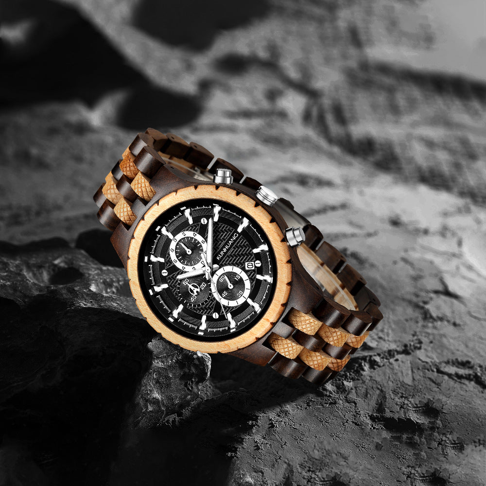 Mens Fashionable Multi-Functional All-Wood Quartz Sports Watch