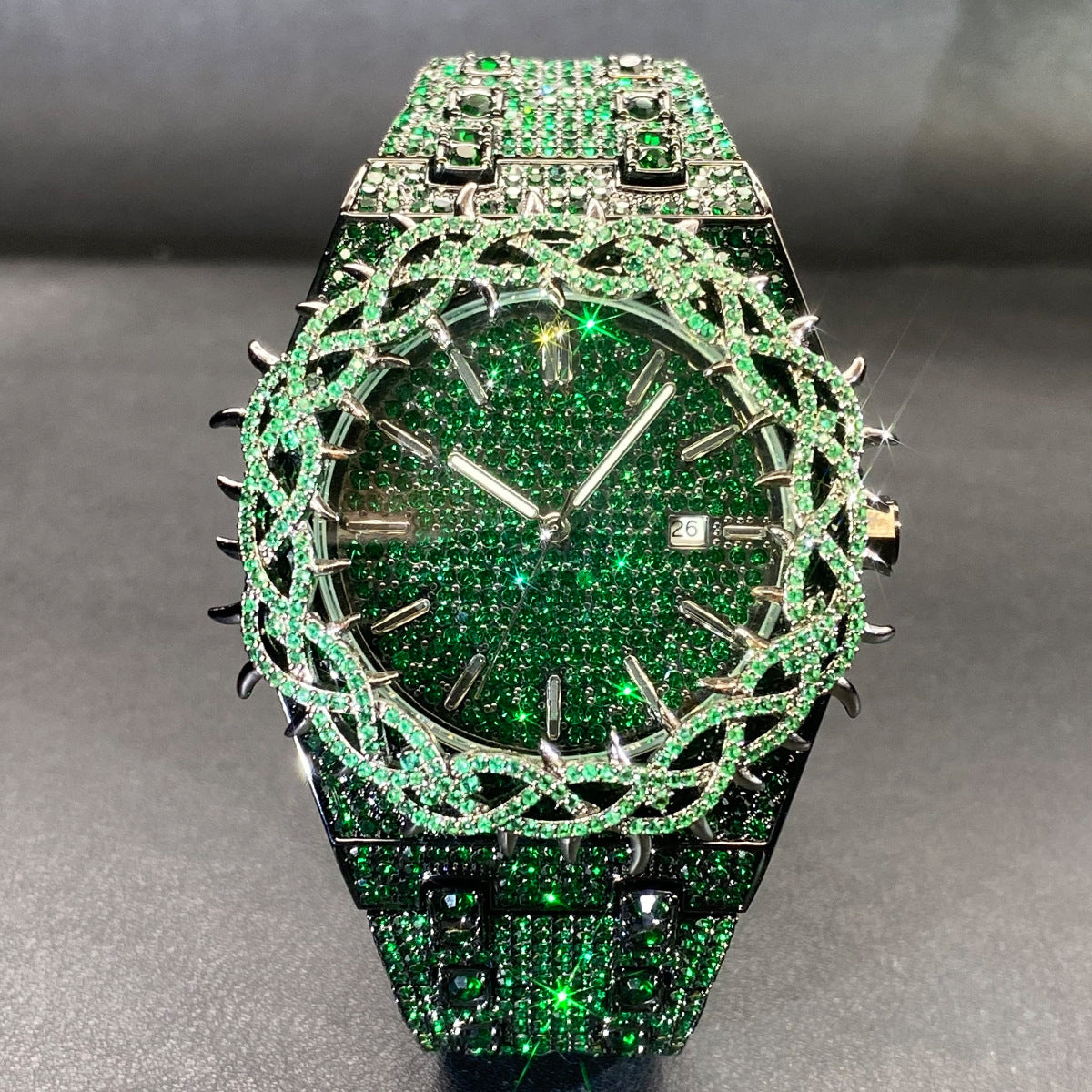 Hip-Hop Mens Watch With Green Full-Covering Zircon Inlays